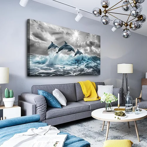 Vista 2 de Lapremoly Decoración de pared para sala de estar, arte de pared grande para dormitorio, olas azules del mar, ilustraciones de pared, oficina