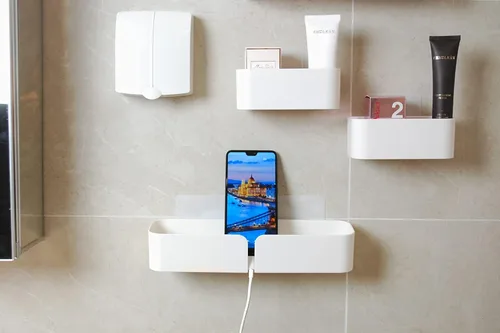 Vista 3 de Estantes adhesivos para montar en la pared, juego de 4 cubos de almacenamiento duraderos de plástico ABS para colgar, color blanco, excelente