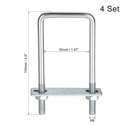 Vista 24 de uxcell Pernos cuadrados en U de 1 "(25 mm) de ancho interior de acero al carbono M8 con tuercas, placa de marco, arandelas redondas, juego de 4