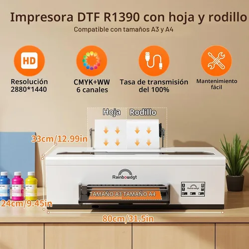 Vista 2 de RAINBOWDGT Paquete de impresora DTF A3 de 13 pulgadas R1390 con horno