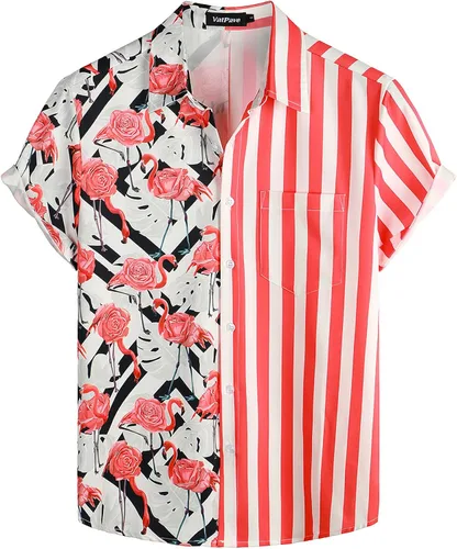 Vista 3 de VATPAVE Conjuntos hawaianos de flamenco para hombre camisas casuales de manga corta con botones trajes de verano