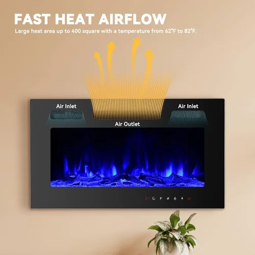 Vista 3 de Chimenea eléctrica montada en la pared y empotrada de 30 pulgadas con control remoto temporizador de 8 horas, 12 llamas, pantalla táctil, calentador