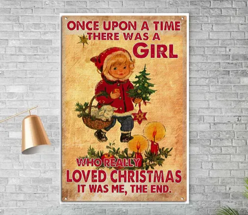 Vista 6 de Letreros de metal de estaño vintage Once Upon A Time There Was a Girl Who Really Loved Christmas, letrero de Navidad, letrero de Papá Noel, Feliz