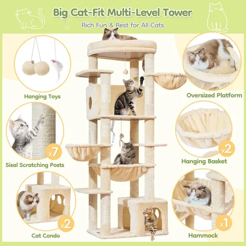 Vista 4 de Taoqimiao Árbol para gatos de 72 pulgadas, torre XXL para gatos de interior y adultos, plataforma extragrande, 2 casas para gatos, 7 postes