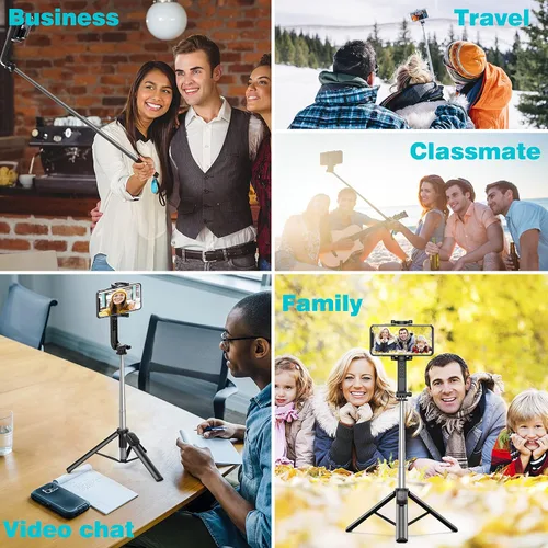 Vista 5 de Palo selfie, trípode extensible para selfie stick con control remoto inalámbrico y soporte para teléfono, trípode portátil para selfie grupal