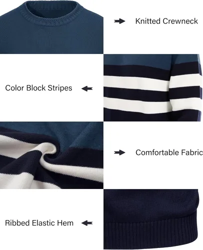 Vista 6 de MAGCOMSEN Suéter de cuello redondo para hombre, con bloques de color, a rayas, suéter de punto térmico suave, suéter de manga larga, suéter casual