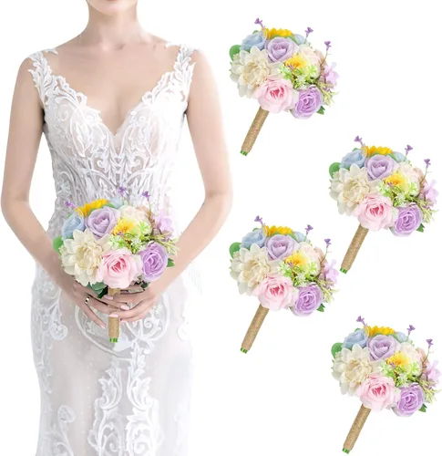 Vista 33 de Ramo de dama de honor artificial para boda, ramo de flores de seda prefabricadas de 7 pulgadas, ramo de flores pequeñas para dama de honor