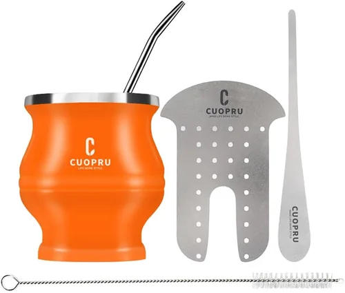 Vista 7 de Cuopru Juego y taza de yerba mate de acero inoxidable, 6.7 onzas, verde militar, diseño moderno