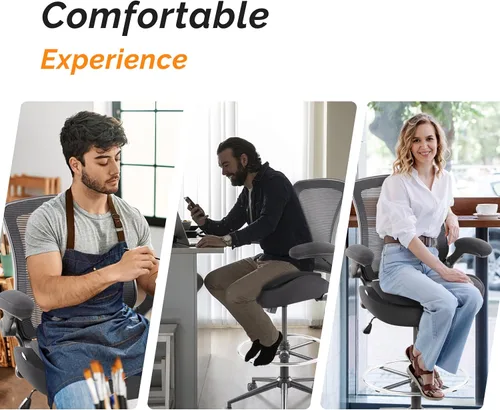 Vista 10 de Silla de redacción alta para oficina, taburetes ergonómicos de escritorio de pie para computadora, reposabrazos abatibles, altura ajustable y anillo