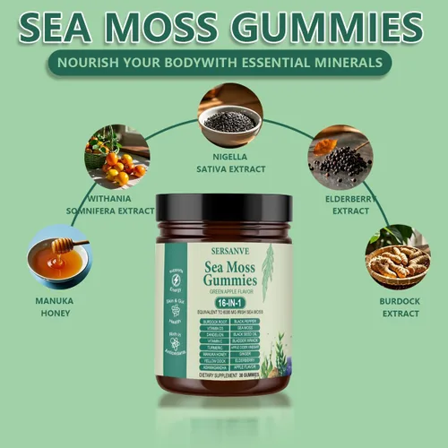 Vista 4 de Gomitas de musgo marino 16 en 1, con aceite de semilla negra, Ashwagandha y saúco Suplemento orgánico de musgo marino irlandés para hombres