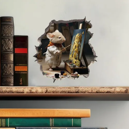 Vista 2 de Pegatina de pared 3D con diseño de ratón en el agujero del artista pintor