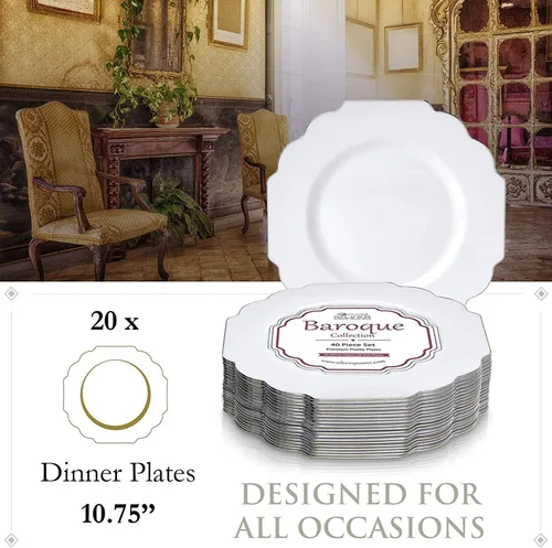 Vista 5 de SILVER SPOONS Platos desechables de diseño elegante para fiesta (10 piezas) Juego de cena desechable resistente de 10.75 pulgadas, platos de Blanco