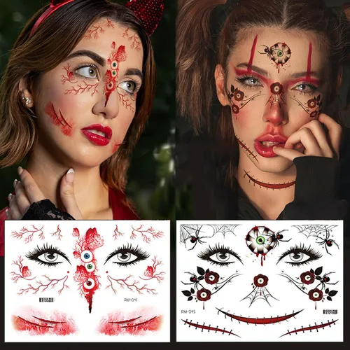 Vista 3 de Más de 260 piezas de 36 hojas de tatuajes falsos para Halloween, tatuajes de maquillaje de zombies temporales realistas, tatuajes de cicatrices