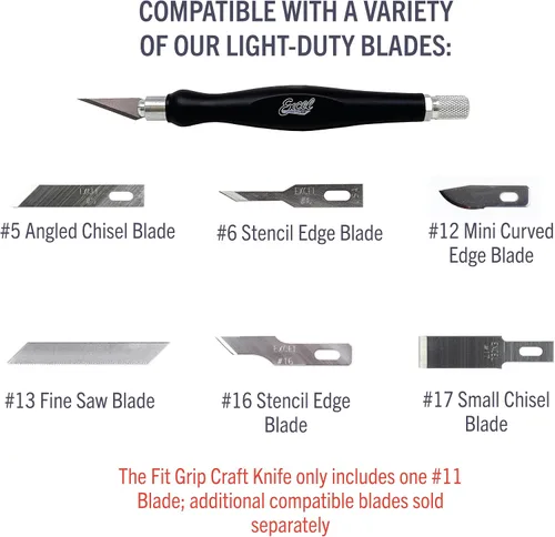 Vista 5 de Excel Blades Fit Grip - Cuchillo de manualidades con hoja en ángulo de acero al carbono ultra afilada #11 - Cuchillo de precisión con agarre de goma