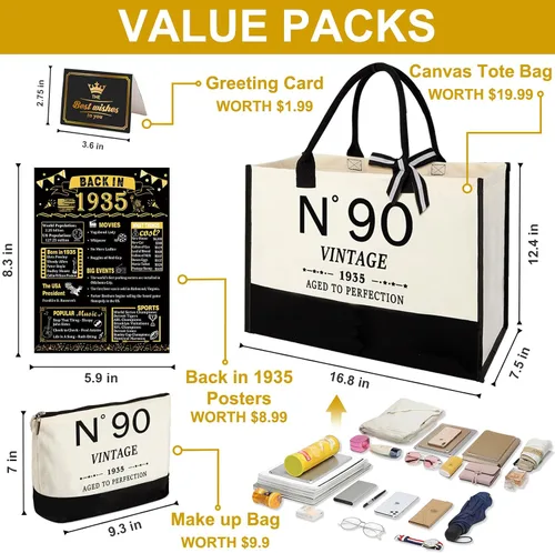 Vista 4 de YeohJoy Regalos de 90 cumpleaños para mujeres, bolsa de lona para viaje, regalos únicos de 90 años para esposa, hermana, mamá, tía, amigos, ella