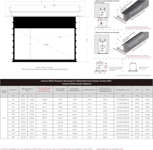 Vista 6 de VIVIDSTORM - Pantalla de proyector de cine blanco con tensión motorizada Phantom empotrada en el techo desde 2004-72 pulgadas para proyector normal