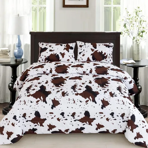 Vista 8 de PERFEMET Juego de ropa de cama con estampado de vaca marrón y beige, juego de edredón de 3 piezas de piel de vaca de dibujos animados para niños