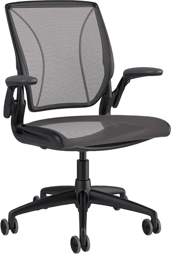 Vista 15 de Humanscale Diffrient World - Silla de escritorio de oficina – Brazos Duron ajustables – Marco negro a rayas negras respaldo y malla de asiento