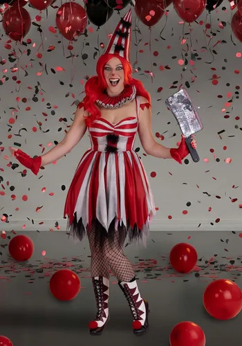 Vista 2 de Disfraz de payaso de circo siniestro para mujer, disfraz de payaso aterrador rojo, vestido de payaso aterrador