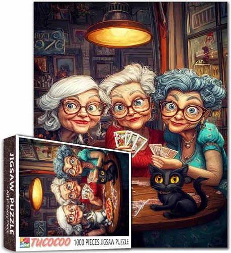 Vista 20 de Rompecabezas de mujer vieja de 1000 piezas para adultos, familias (niña, dama, pizza, naipe, vino tinto, amigas) piezas que encajan perfectamente