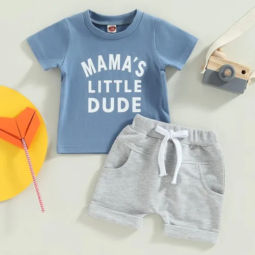 Vista 72 de Conjunto de traje de verano para bebé niño pequeño, manga corta, cuello redondo, letras impresas, lindo traje de verano, conjunto de 2 piezas