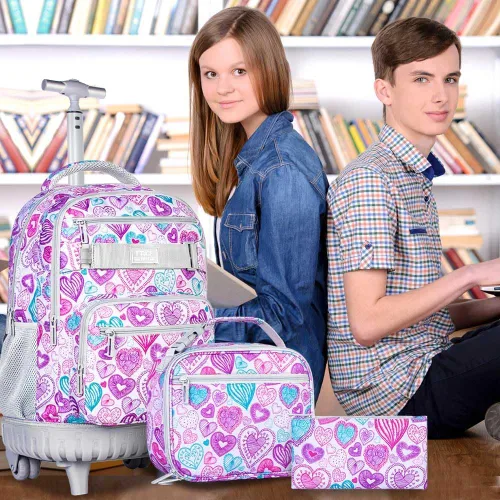 Vista 7 de ZLYERT Mochila con ruedas para mujeres y hombres, mochila con ruedas para niñas y niños, mochila de viaje para adultos, Amor Gris, Moderno