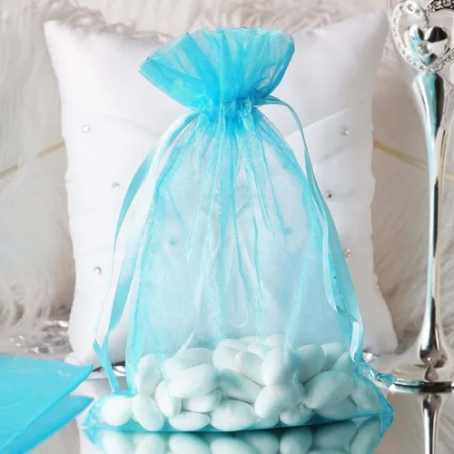 Vista 4 de Bolsas de regalo de organza de 4 x 6 pulgadas con cordón para joyas, dulces, paquetes de 50 bolsas de té de tela transparente azul aguamarina