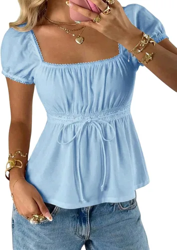 Vista 26 de SOLY HUX Blusa de verano de manga corta para mujer Blanco sólido