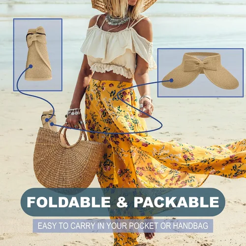 Vista 5 de Visera solar de paja para mujer, ala ancha, protección UPF 50+, sombrero de playa, ajustable, plegable, gorra de cola de caballo con correa