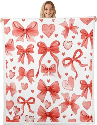 Vista 34 de Manta de franela de forro polar con lazos rosados femeninos de 40 x 50 pulgadas, manta mullida de corazones para el día de San Valentín para sofá