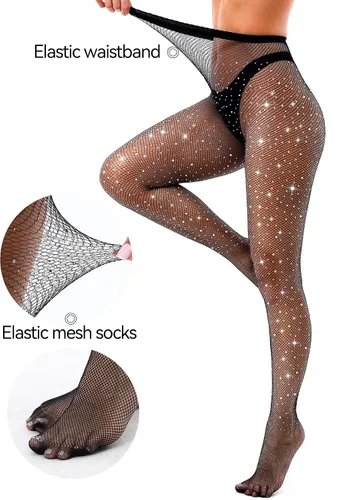 Vista 6 de VEBZIN Medias de red brillantes y sexys con joyas de cintura alta para mujer, medias de red con diamantes de imitación para fiesta