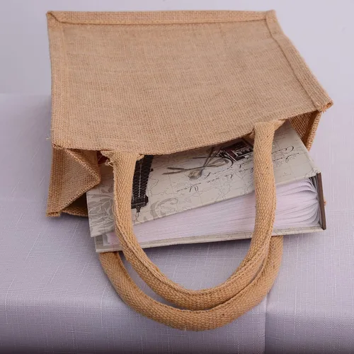 Vista 6 de Bolsas de yute de arpillera reutilizables para libros, regalos con refuerzo completo, Natural