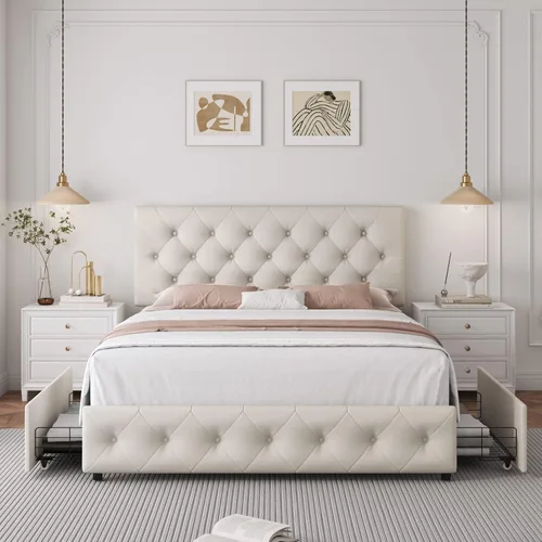 Vista 3 de TTVIEW Base de cama de tamaño matrimonial con 4 cajones de almacenamiento y cabecera ajustable, plataforma tapizada con diseño capitoné, soporte