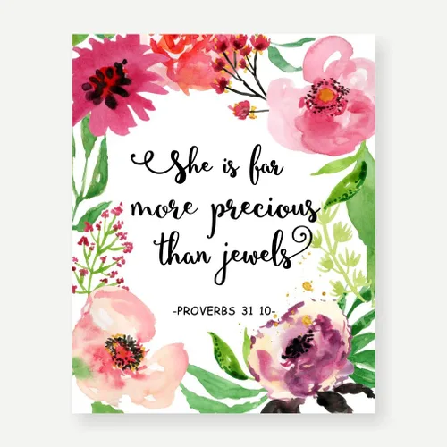 Vista 2 de Eleville 11 x 14 sin marco She is far more precious than jewels Floral acuarela Art Print Bible Cite Kids Wall Art Nursery Decor Inspiration Print