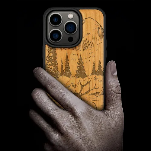 Vista 2 de Carveit Funda magnética de madera para iPhone 14 Pro, madera natural y TPU suave negro, funda protectora a prueba de golpes, funda de madera única