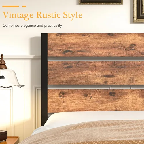 Vista 5 de VECELO Base de cama tamaño individual, plataforma de metal resistente con cabecera de madera, no necesita somier, color marrón antiguo