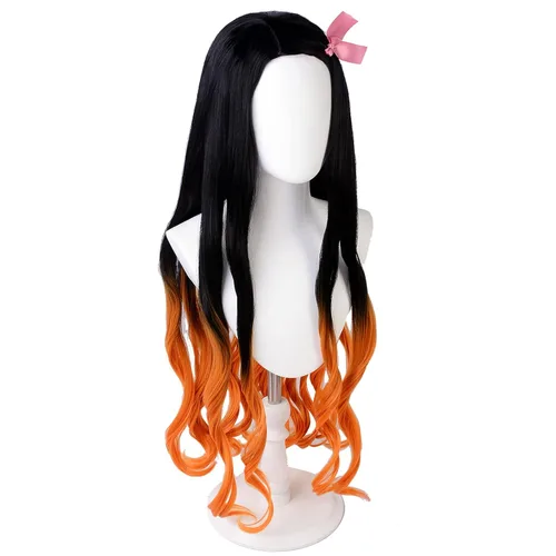 Vista 2 de SUNXXCOS Peluca corta de fibra de alta temperatura para hombres y mujeres para fiestas masculinas de Halloween, Kimetsu no Yaiba (Kamado Nezuko)