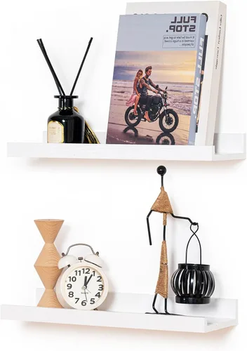 Vista 9 de Muzilife Estantes Flotantes de Pared Pequeños de 12" con Borde - Juego de 2 Estantes Flotantes de Madera - Repisa Negra Montada en Pared