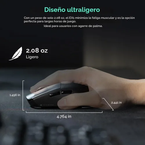 Vista 8 de TECWARE EX1 - Mouse ligero para juegos Mouse inalámbrico de 26 K DPI con pantalla OLED Diseño ultraligero de 2.08 oz Base de carga RGB Negro