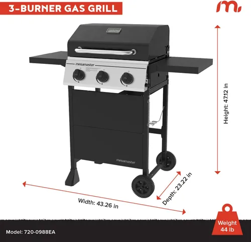 Vista 5 de Megamaster Parrilla de gas propano de 3 quemadores con mesas laterales plegables, 30,000 BTU, 429.81 pulgadas cuadradas. Espacio de cocción, panel