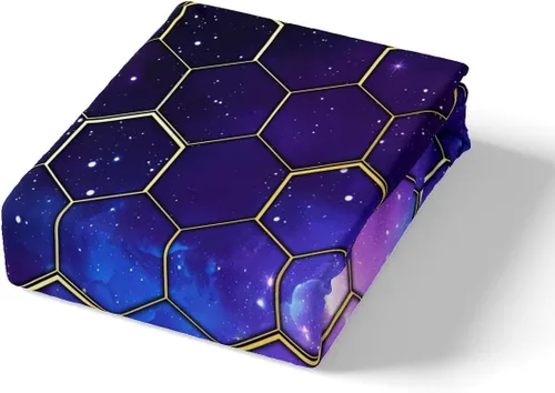 Vista 5 de Manfei Juego de sábanas bajeras de panal de galaxia, tamaño individual, 2 piezas, estampado geométrico hexagonal, funda de cama de cielo estrellado