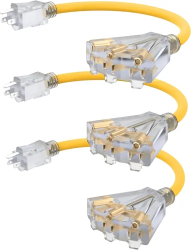 Vista 8 de Cable de extensión de calibre 12 de 2 pies con 3 salidas Paquete de 3 cables de extensión resistentes al agua para exteriores con extremo Negro