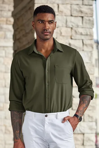 Vista 4 de COOFANDY Camisas casuales con botones para hombre, sin arrugas, camisas de vestir de manga larga
