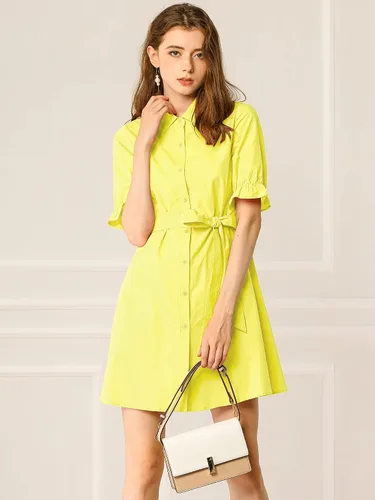 Vista 2 de Allegra K Women's 2023 Summer Ruffled Short Sleeve Cotton Solid Color Belted Button Down Shirt Dress