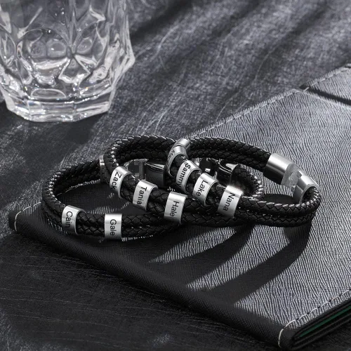 Vista 5 de Pulseras de cuero personalizadas para hombre, pulsera con nombre para papá, grabado gratuito, cuentas de nombre de familia, pulseras