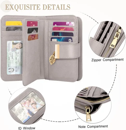 Vista 4 de Cartera pequeña con bloqueo RFID para mujer, de cuero, compacta, plegable, con 18 ranuras para tarjetas, con bolsillo para monedas, Marrón marchito