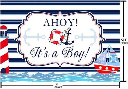 Vista 4 de MEHOFOND Ahoy It's A Boy - Telón de fondo náutico para decoración de baby shower, fondo de rayas azul marino, ancla de faro de mar rojo, suministros