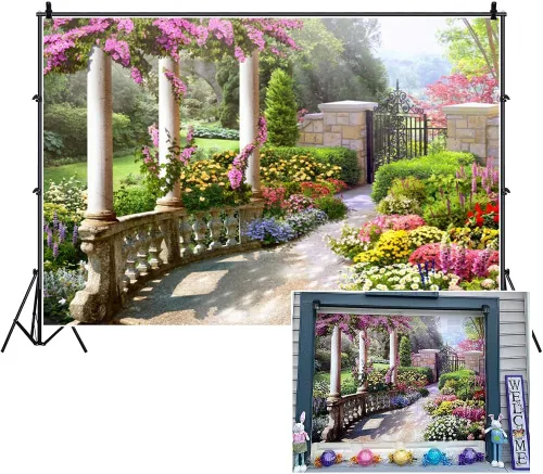 Vista 4 de Telón de fondo de 5 x 3 pies para fotografía de jardín primaveral hermoso, arquitectura vintage de jardín, pilares, flores en flor, fondo