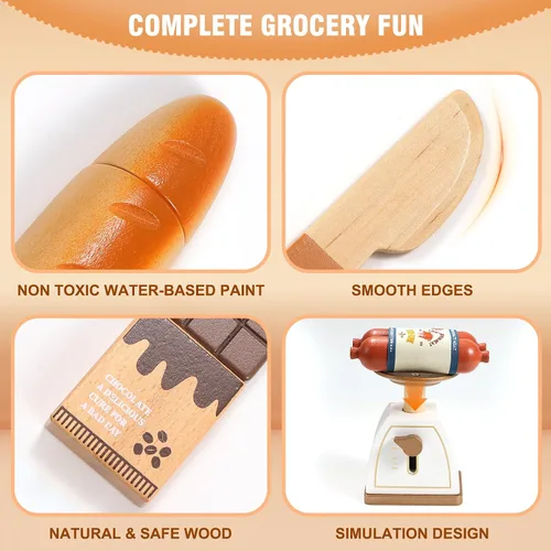 Vista 6 de Pithfor Juego de alimentos de madera para niños pequeños, tienda de comestibles, comida de simulación, compras y juegos, accesorios de cocina