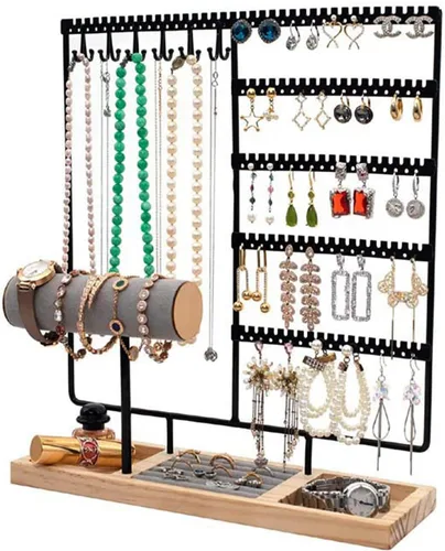 Vista 4 de HINIHAO Soporte para aretes, organizador de joyas, soporte para collares, estante de torre de joyería de 5 niveles, 108 agujeros, 12 ganchos